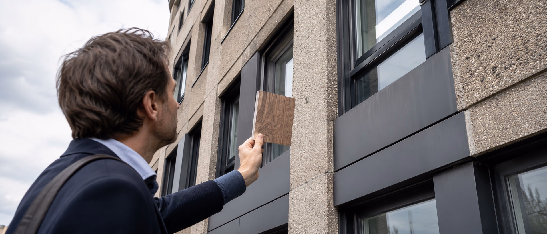 Architekt vergleicht Materialprobe mit Bestandsfassade