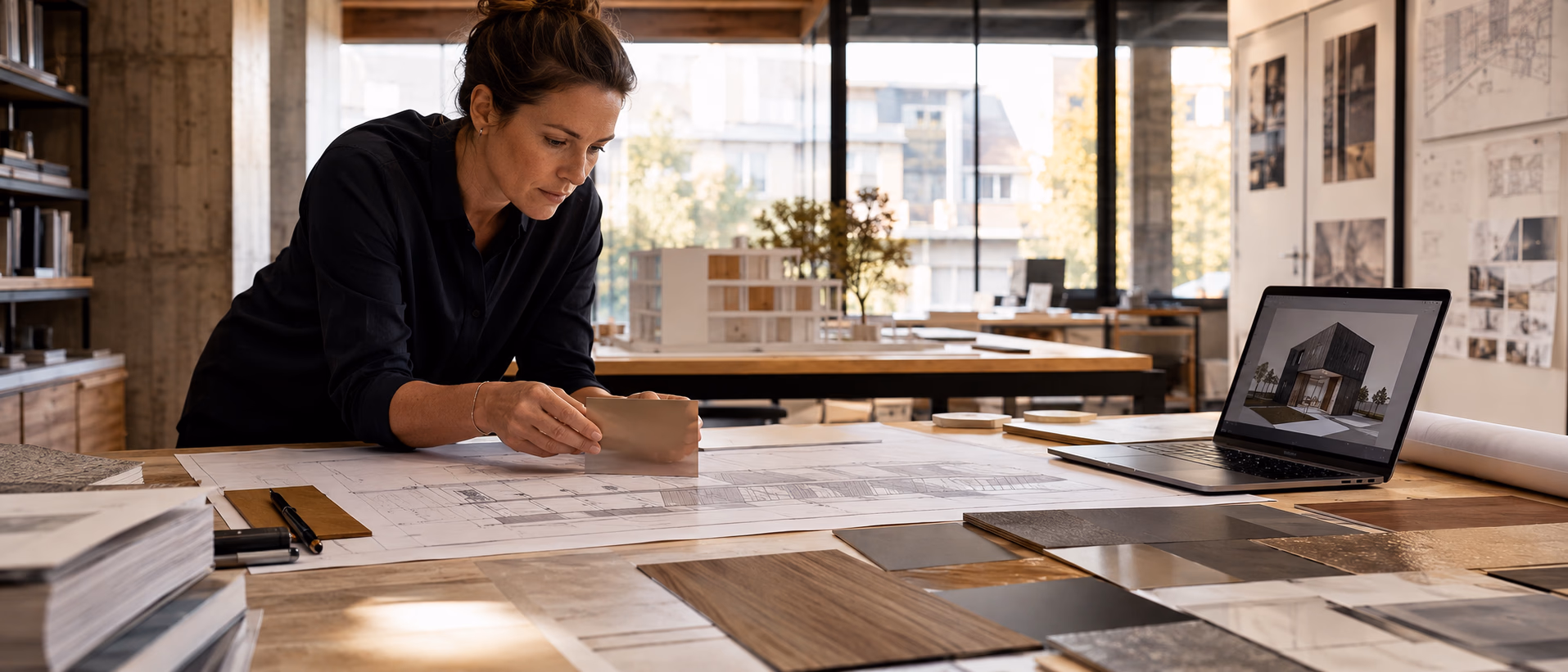 Architektin am Plantisch mit Materialproben, warmes Tageslicht