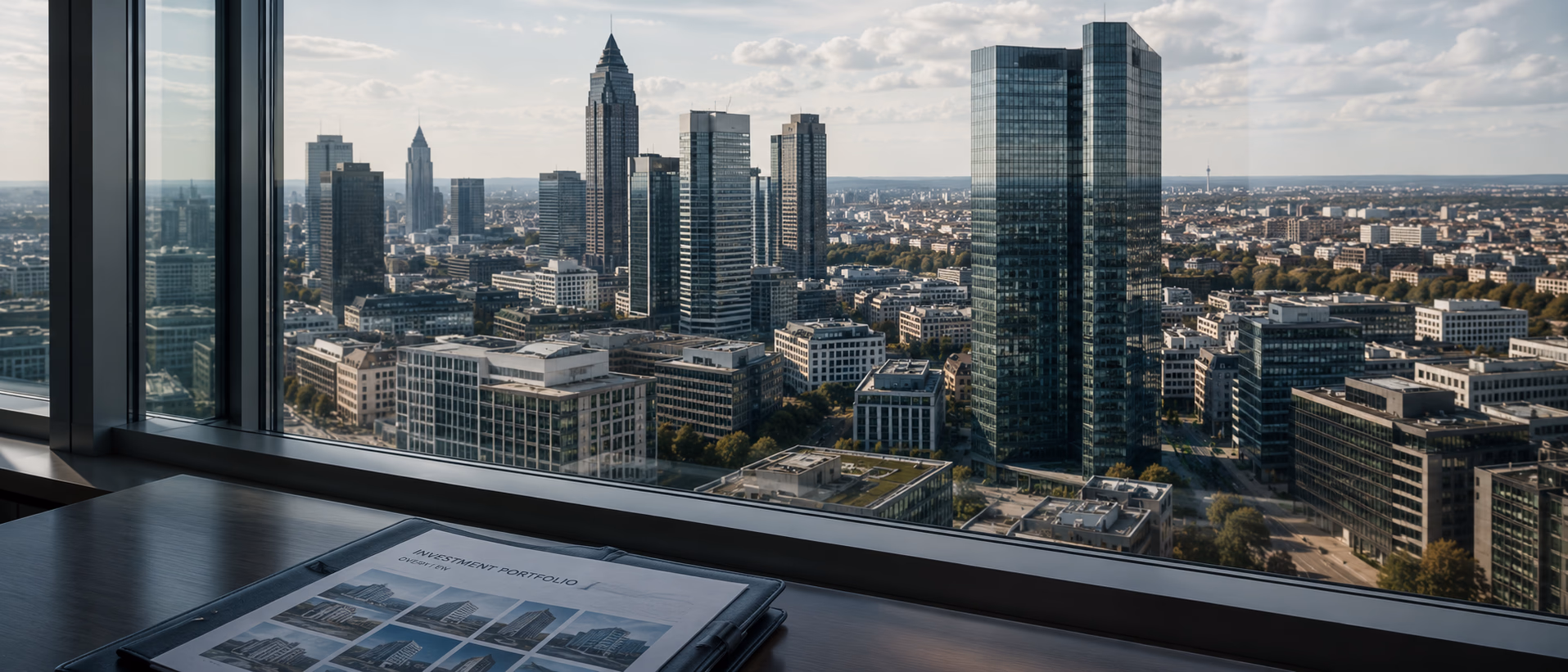 Blick aus Bürohochhaus über Frankfurter Skyline