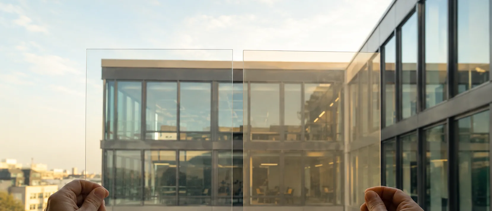 Zwei Sonnenschutzfolien-Proben im Direktvergleich vor einer Bürofassade in Sommerlicht