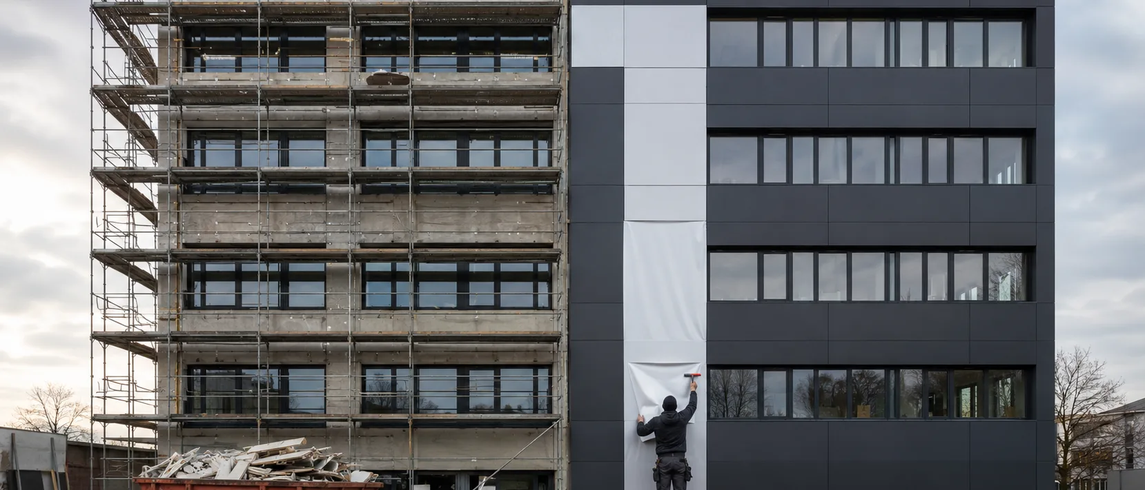 Bürofassade halb in Austausch mit Gerüst und Container, halb in laufender Folierung ohne Schutt