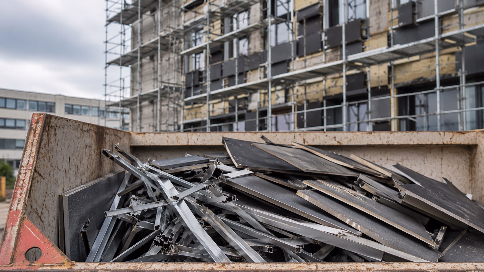 Bauschuttcontainer mit HPL-Platten und Aluminiumprofilen vor einer teilrückgebauten Bürogebäude-Fassade