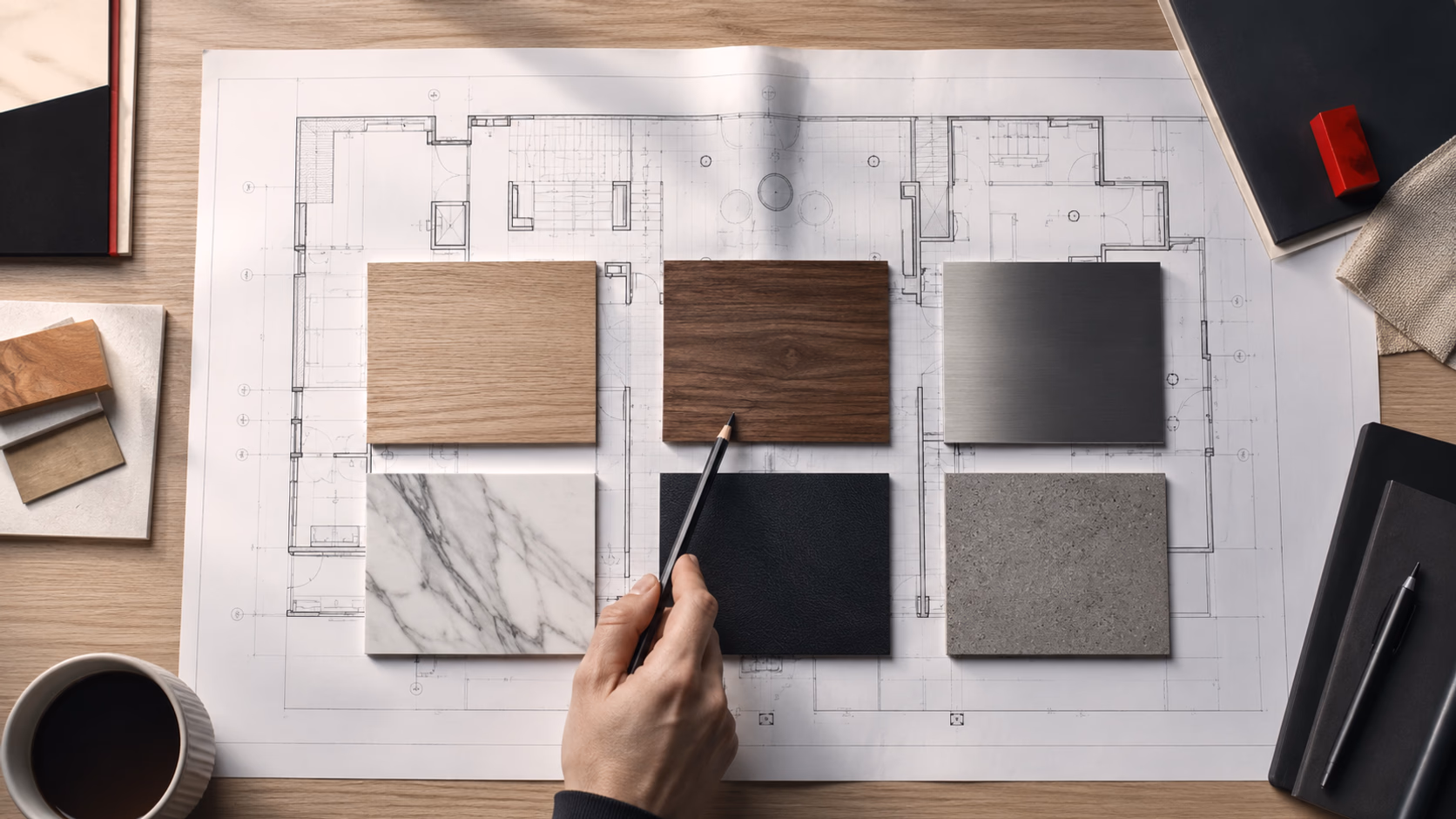 Architekten-Schreibtisch mit Grundriss und sechs DI-NOC-Materialproben in Holz-, Metall-, Stein- und Lederoptiken