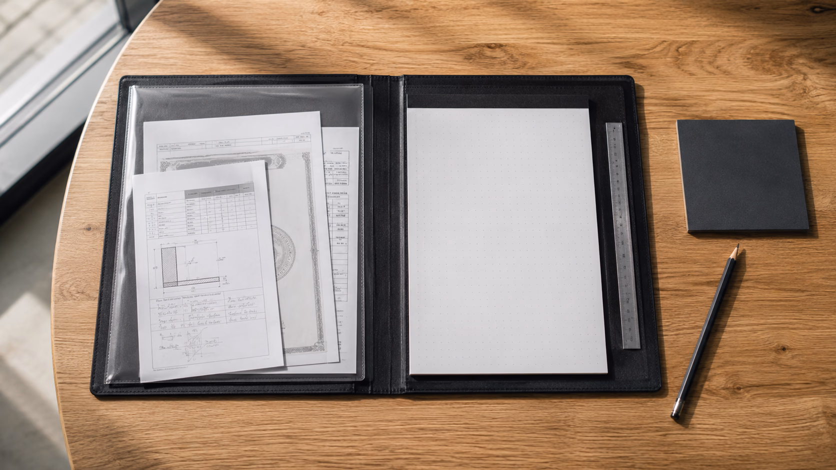 Aufgeklappte Architekten-Briefingmappe mit Datenblatt, Zertifikat und Aufmaßprotokoll auf einem Eichenholz-Schreibtisch